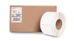 a roll of labels next to a labeled cardboard box