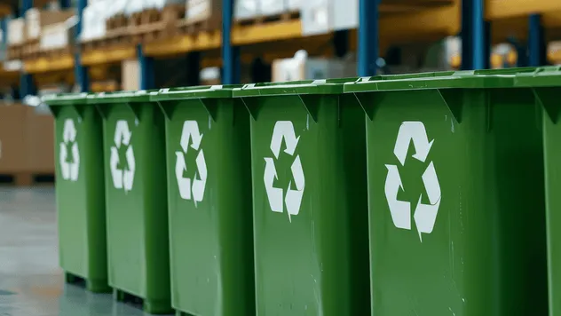 Green recycling bins with recycling symbols for paper waste management