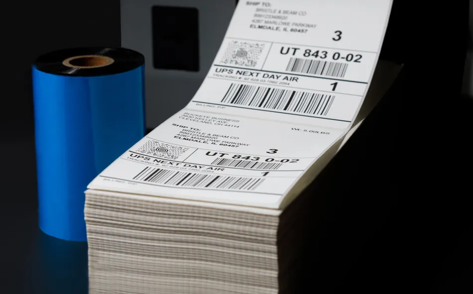 Fanfold thermal transfer labels with thermal ribbon printing system