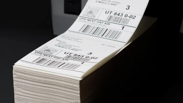 Fanfold direct thermal labels stacked and ready for printing