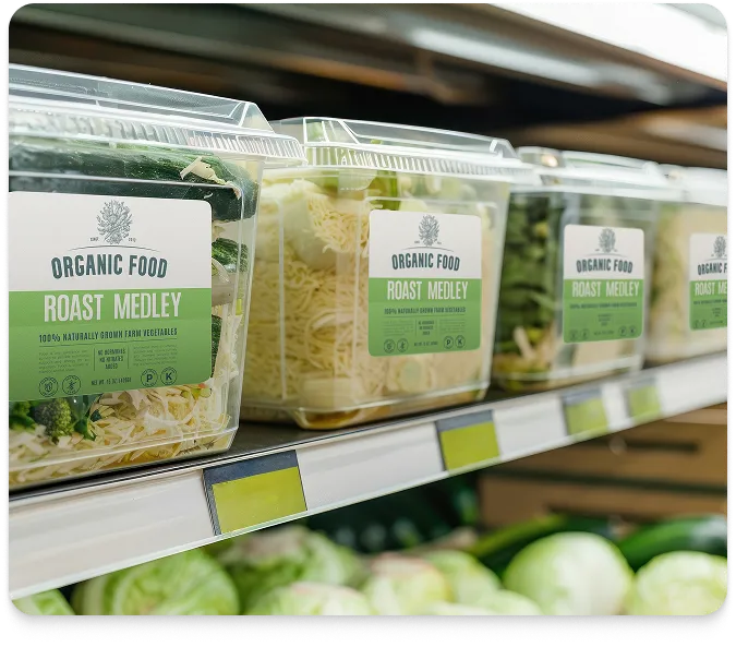 A grocery store shelf full of boxed vegetables with colored printed labels affixed to them