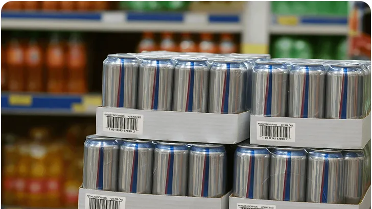 several cases of canned beverage sitting on top of each other