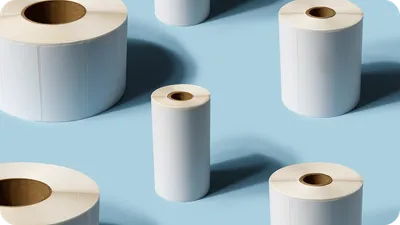 Label rolls arranged in an artistic collage