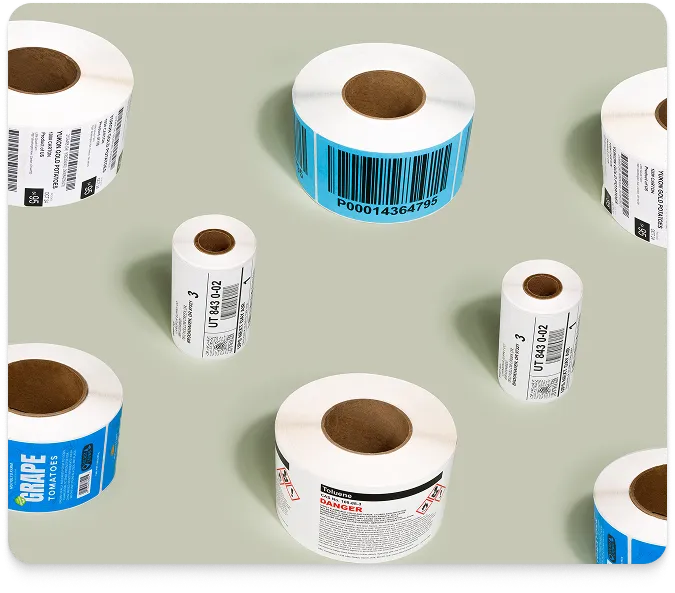 Various colorful label rolls and thermal transfer ribbons showcasing our product offerings