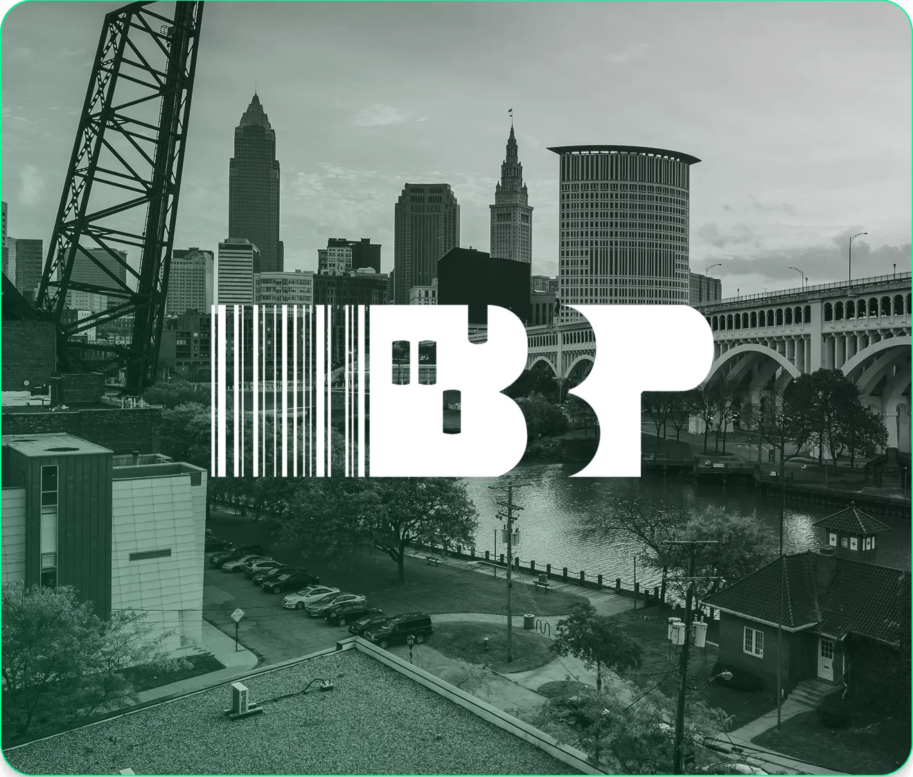 Cleveland skyline with Buckeye Business Products logo overlay