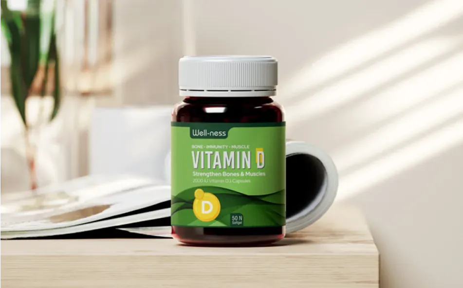 a bottle of vitamin D on a table