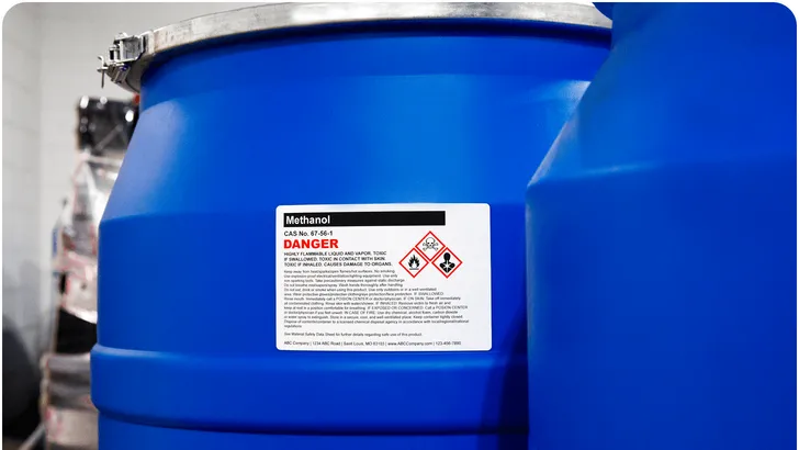blue chemical drums with a high quality digitally printed durable label