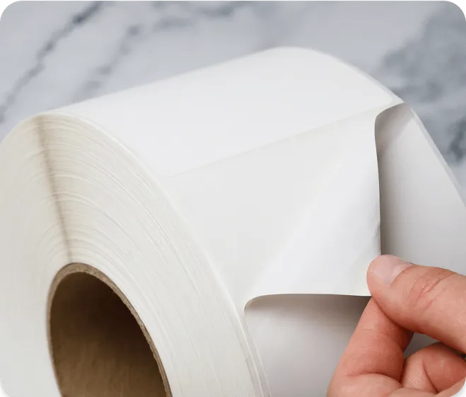 a hand peeling back a label from a roll of blank labels