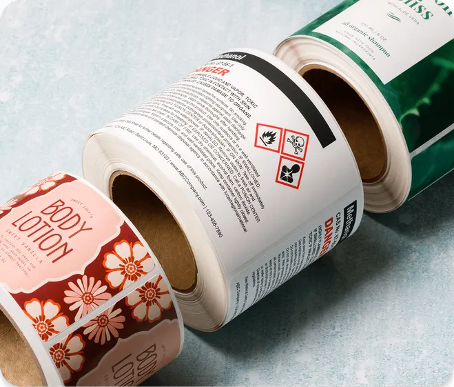 three different sizes of rolls of preprinted color inkjet labels