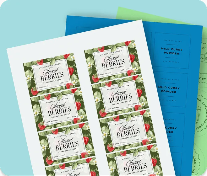 various sheets of sheet labels overlayed on top of another including a label for berries and blue and green labels