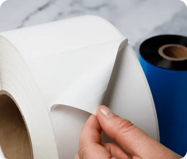 a hand peeling back a label from a roll of blank labelswith a thermal ribbon in the background