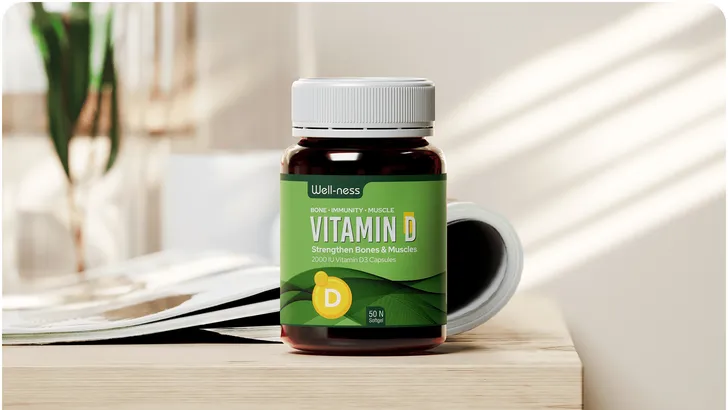a jar of vitamins with a robust green label sitting on the edge of a desk