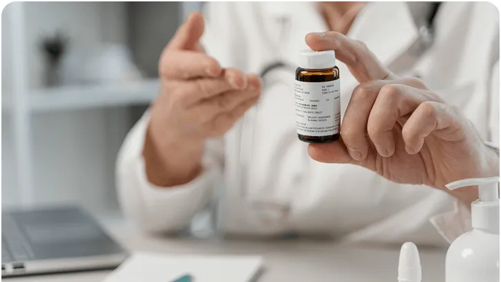 a lab technician gesturing to a vial with a label on it