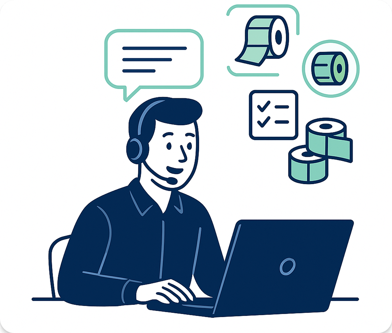 Customer service representative at laptop with icons representing labels and communication