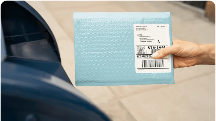 a blue mailer with a thermal shipping label going into a postal service box