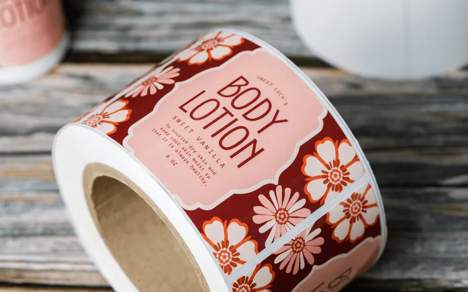 white paper inkjet labels on roll with vibrant colorful prints