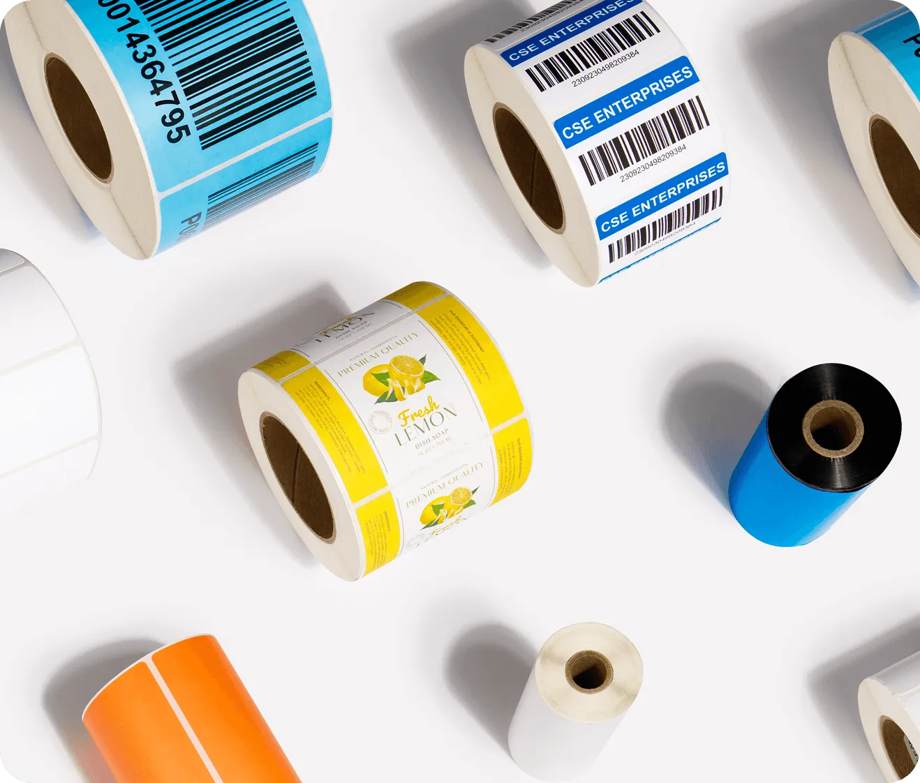 Various colorful label rolls and thermal transfer ribbons showcasing our product offerings