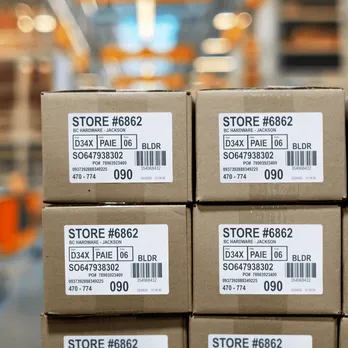 Organized shelf display with multiple white product labels showing inventory information