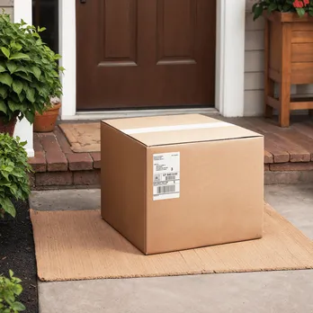 Brown cardboard shipping packages with white labels stacked on wooden surface