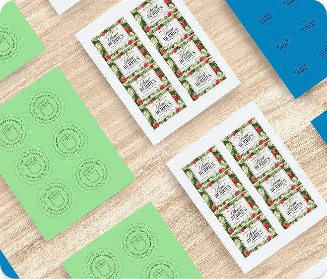 many sheets of sheet labels laid out in a grid format on a wodden table