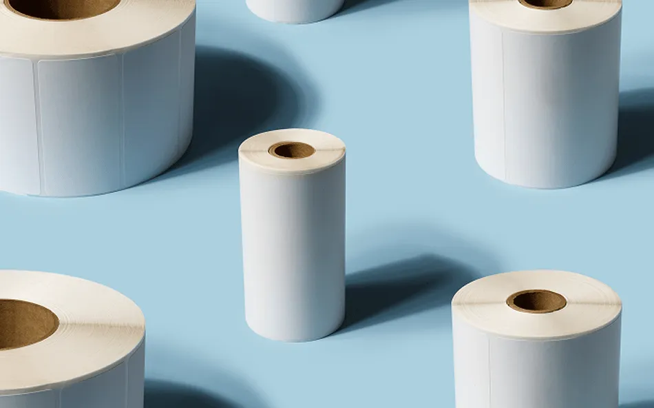 2 rolls of thermal labels next to a cardboard box with a shipping label