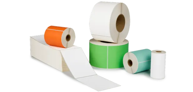 various colorful label rolls and thermal transfer ribbons showcasing our product offerings