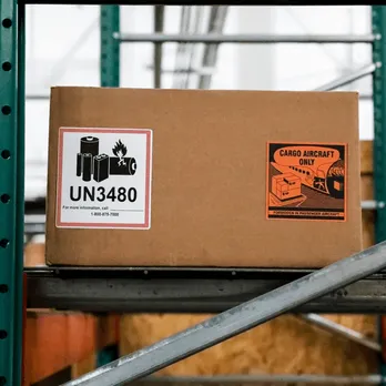 Cardboard shipping boxes with UN3400 hazmat labels and orange warning labels