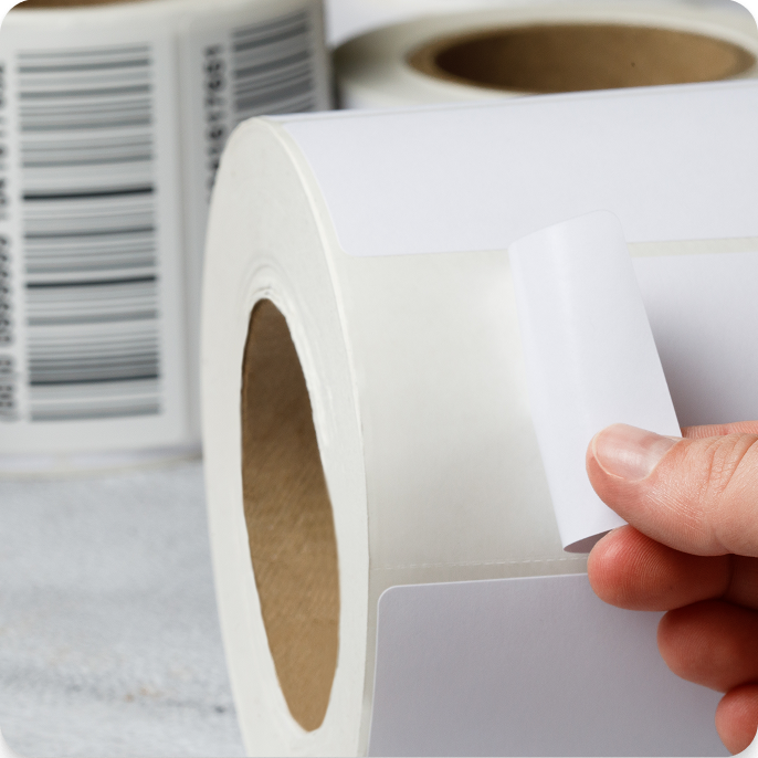 a hand peeling a label off a roll of blank labels with an additional roll of printed labels in the background
